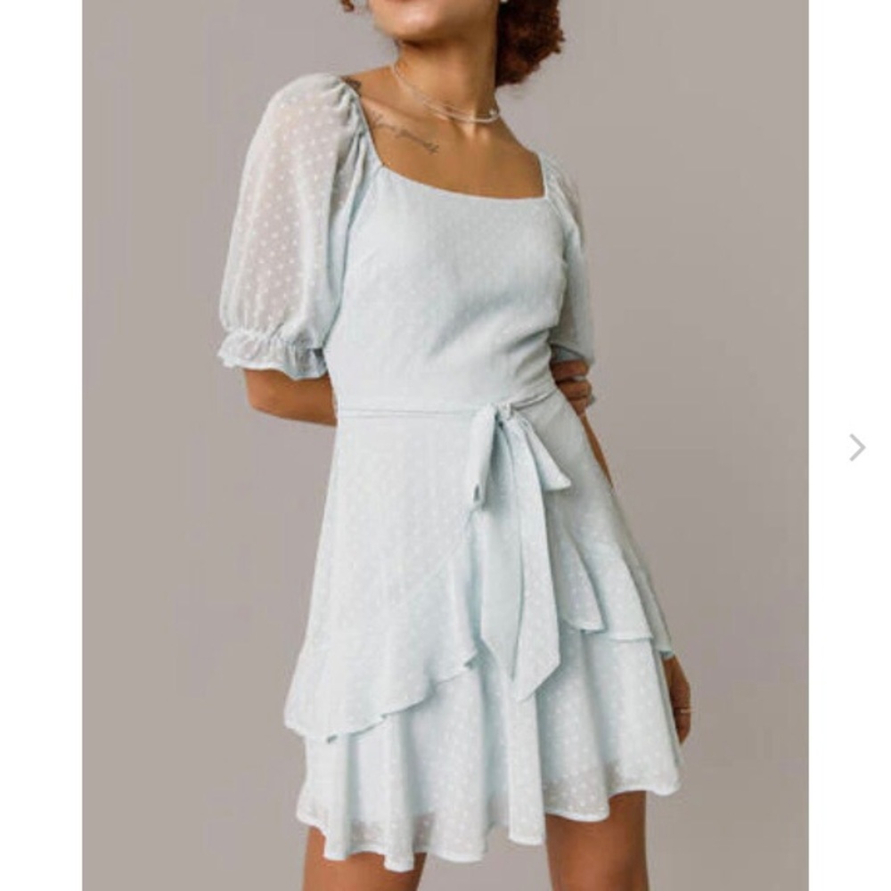 Flowy Light Blue Mini Dress with Puffy Sleeves